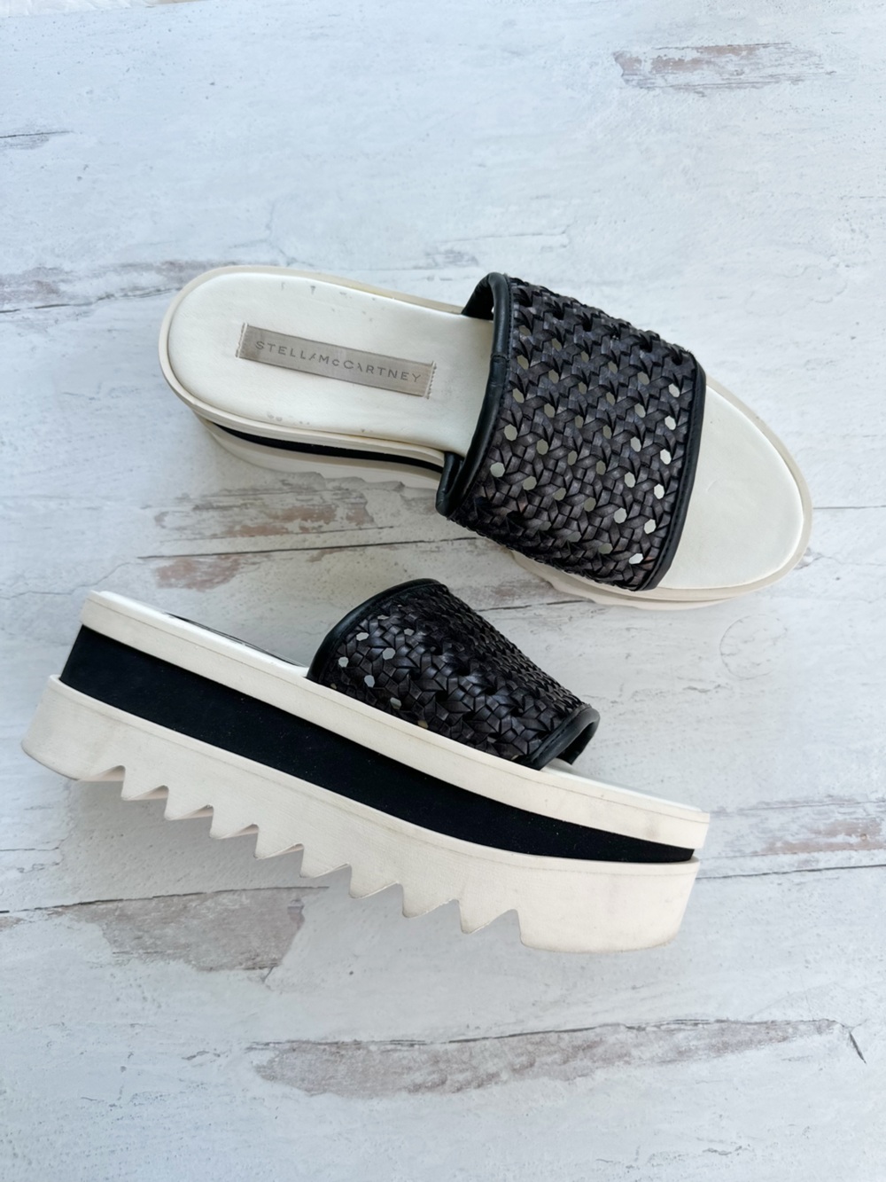 Stella McCartney • Black Faux Woven Leather Wicker Platform Slides